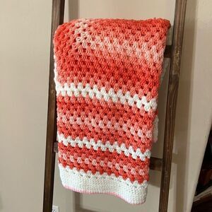 Handmade Crocheted Blanket Square Afghan Pink White EUC Soft Yarn Baby Girl Gift